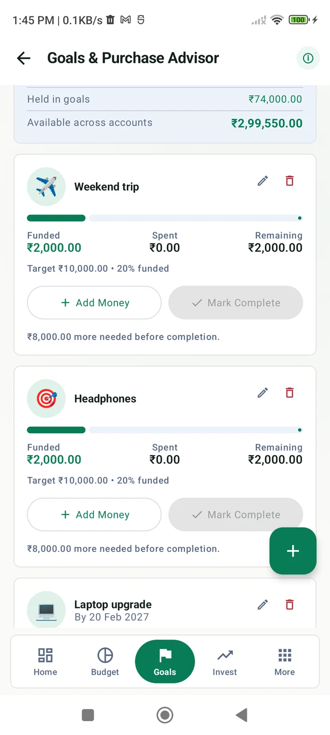 MyPaisa Weekend trip goal with ₹2000 saved toward a ₹10000 target