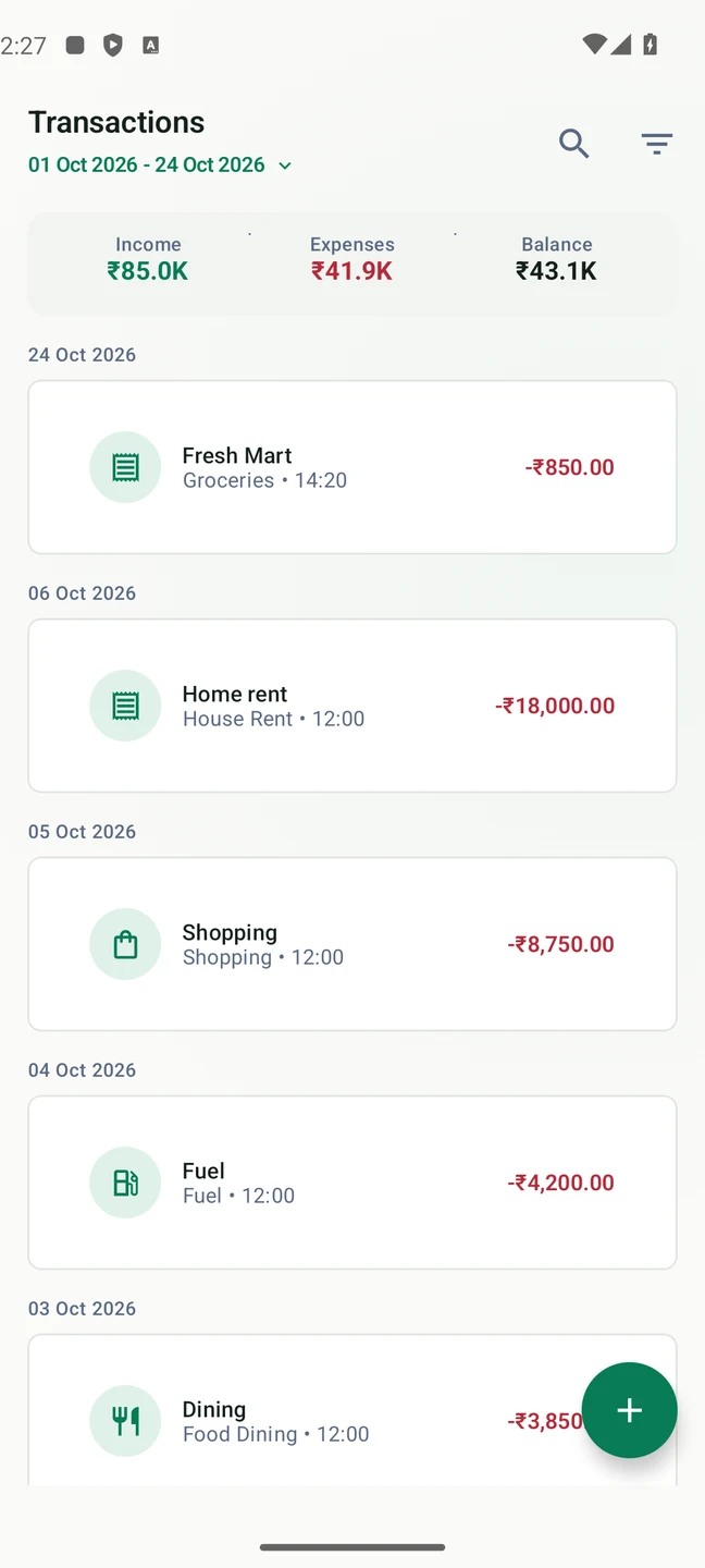MyPaisa Transactions showing the saved Fresh Mart grocery expense of ₹850