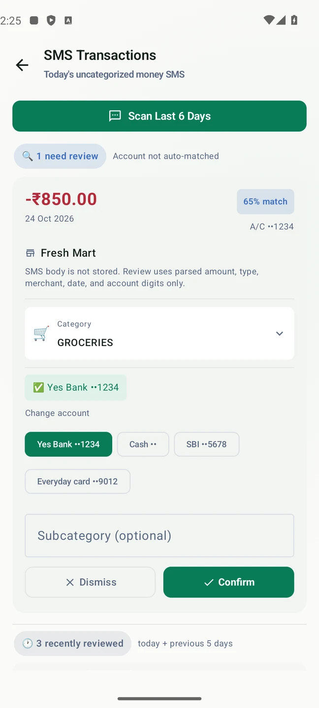 MyPaisa reviewing a ₹850 Fresh Mart SMS transaction with Groceries and a masked account selected