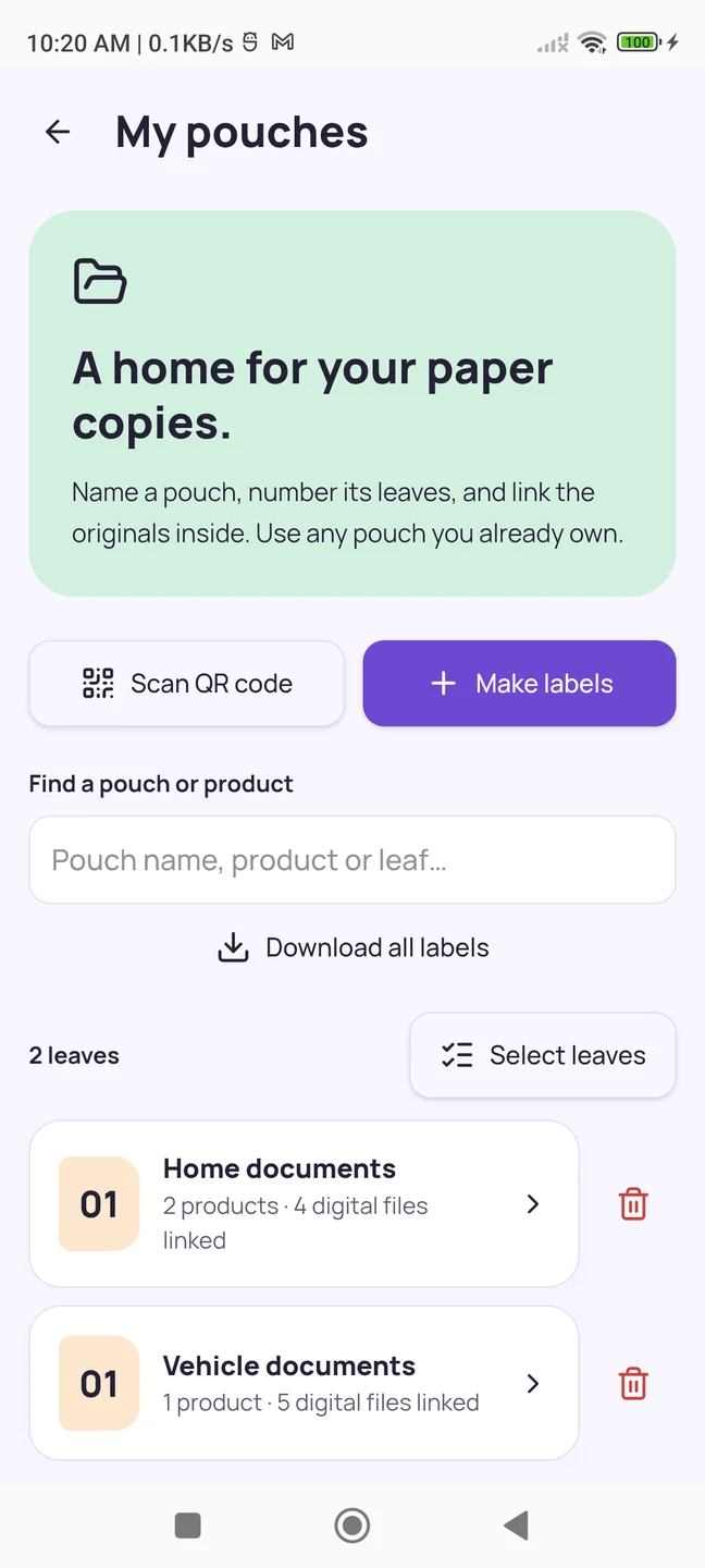 OwnWise My pouches showing numbered home and vehicle document leaves