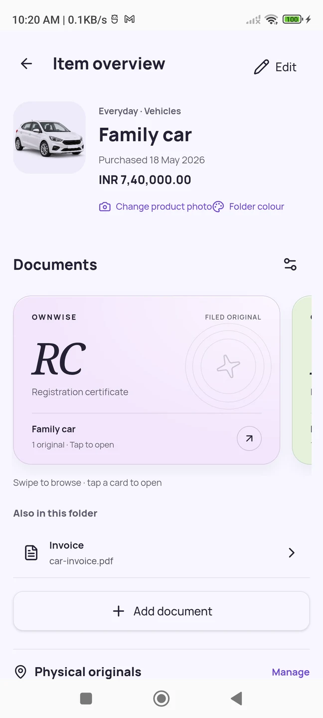 OwnWise family car and its documents